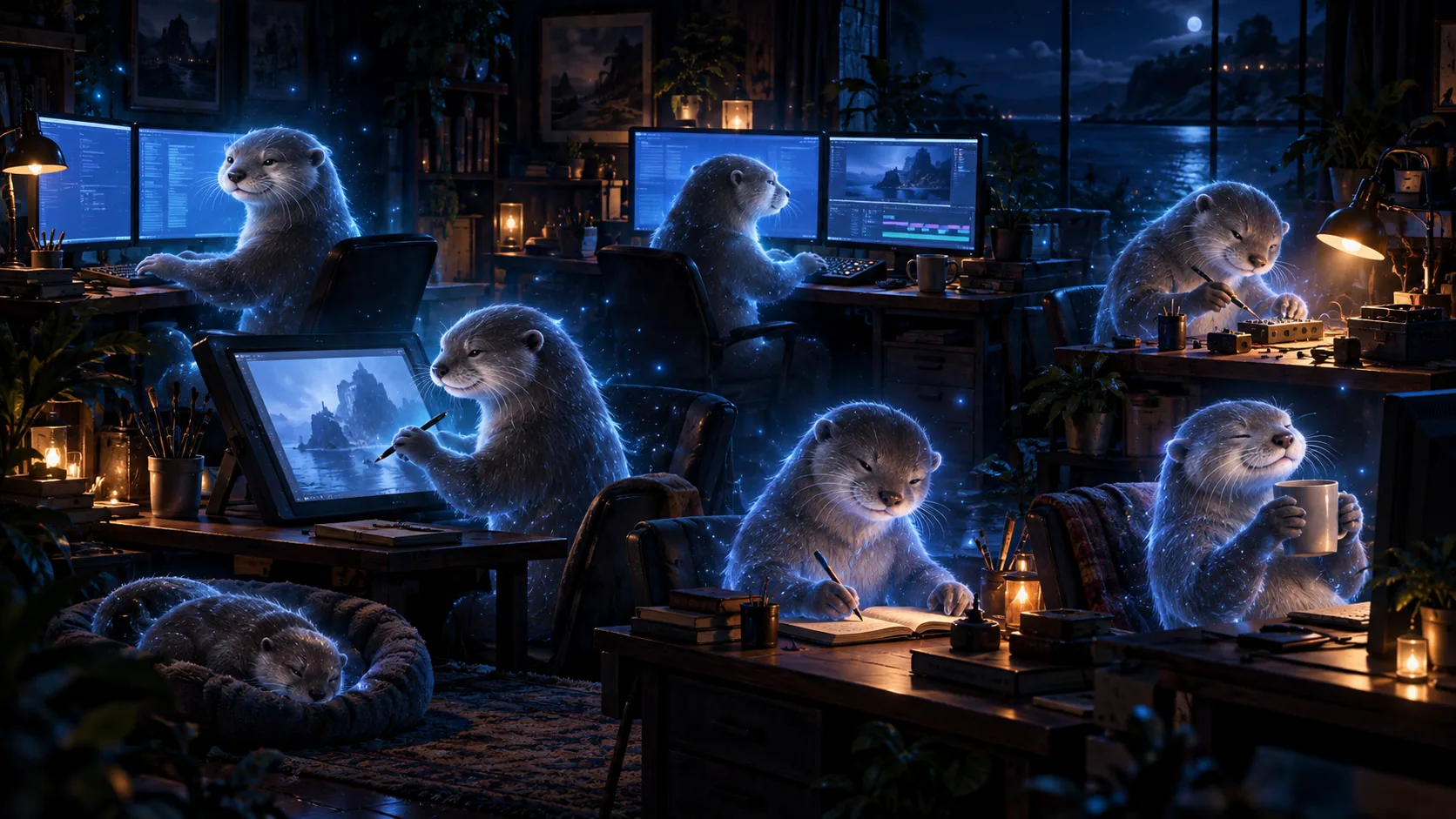 Glowing, translucent otters work late in a moonlit studio, coding, drawing, editing video, soldering, writing and sipping coffee, while one sleeps curled up in a basket.