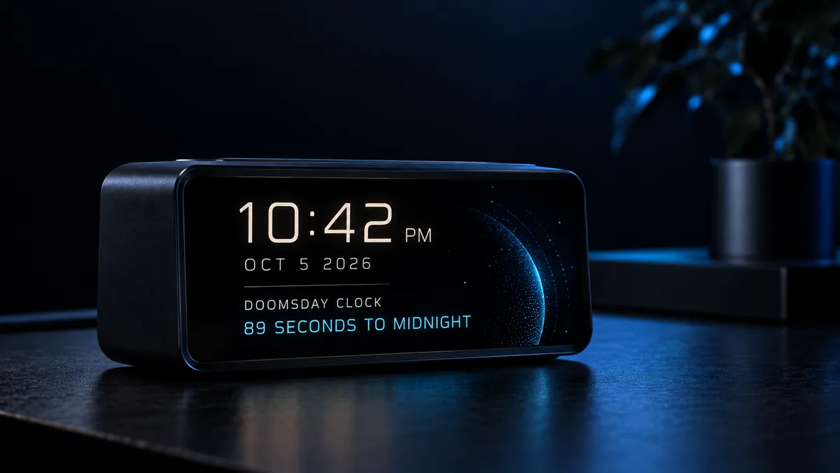 A sleek black desk clock glowing blue in a dark room, showing the time and how many seconds the world is from midnight.