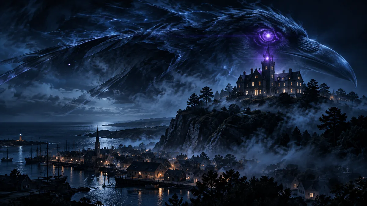 A giant spectral raven with a glowing violet eye looms over a hilltop mansion and a foggy harbor town at night.